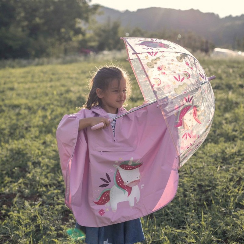 Poncho impermeabile viola decorato con unicorno per bambini, facile da richiudere e da pulire